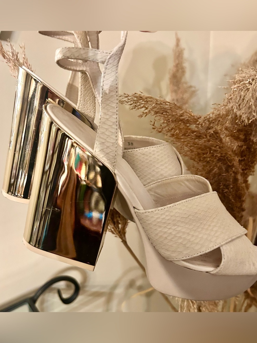 Hogan Platform Sandals with Metallic Mirror Gold Block Heel